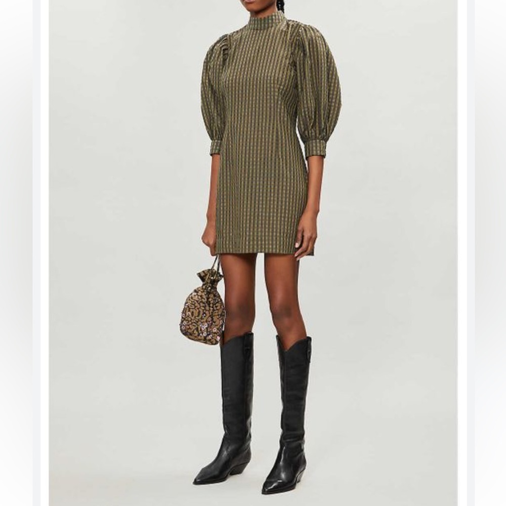 Ganni gingham seersucker puff sleeve mini dress